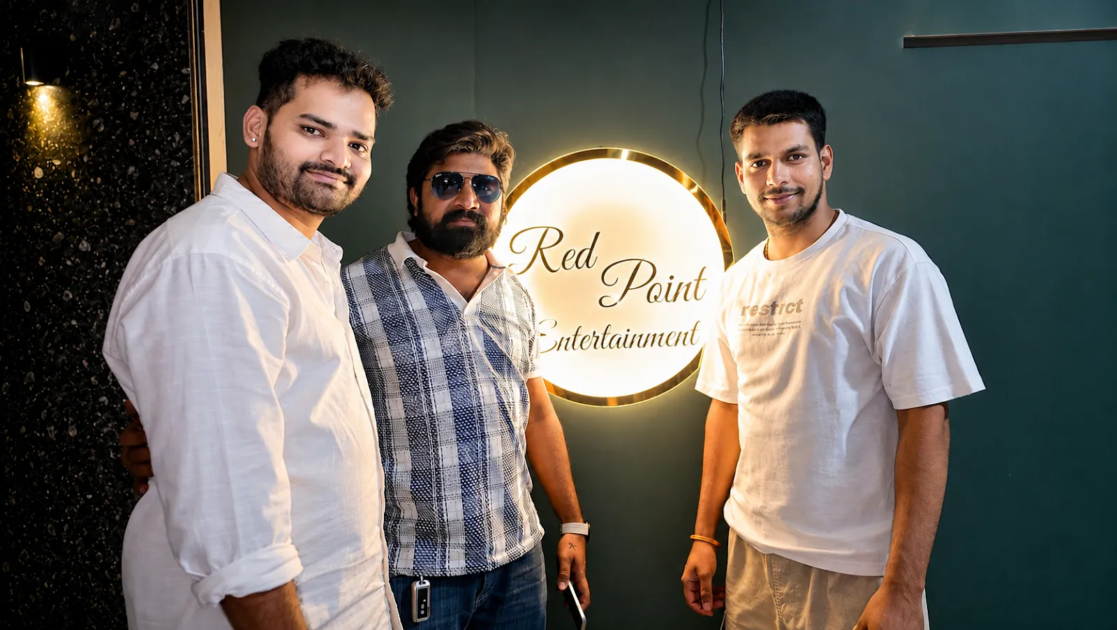 The Redpoint Entertainment team at the studio's neon sign